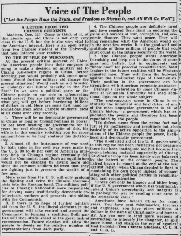 o Chinese students Voice of the People written by two The Capital Times Madison, Wisconsin · Thursday, December 16, 1948